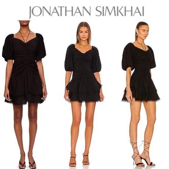Jonathan SIMKHAI Auden Puff Sleeve Ruched MinidressIn Black Sz 4 NWT 395